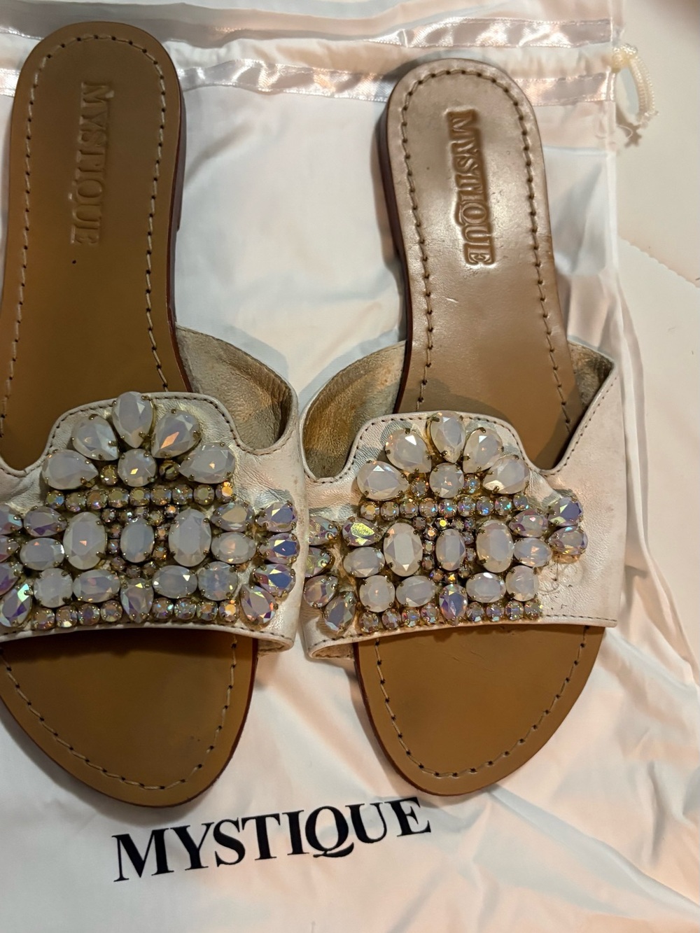 Mystique Boutique Ivory Jeweled Slide Sandals